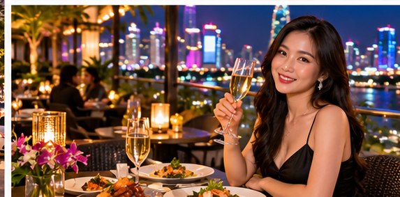 Illustrative woman at an evening rooftop dining setting