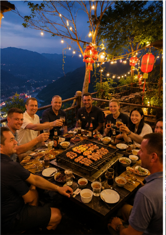 Welkomstdiner bij Mountain BBQ in Chongqing, China