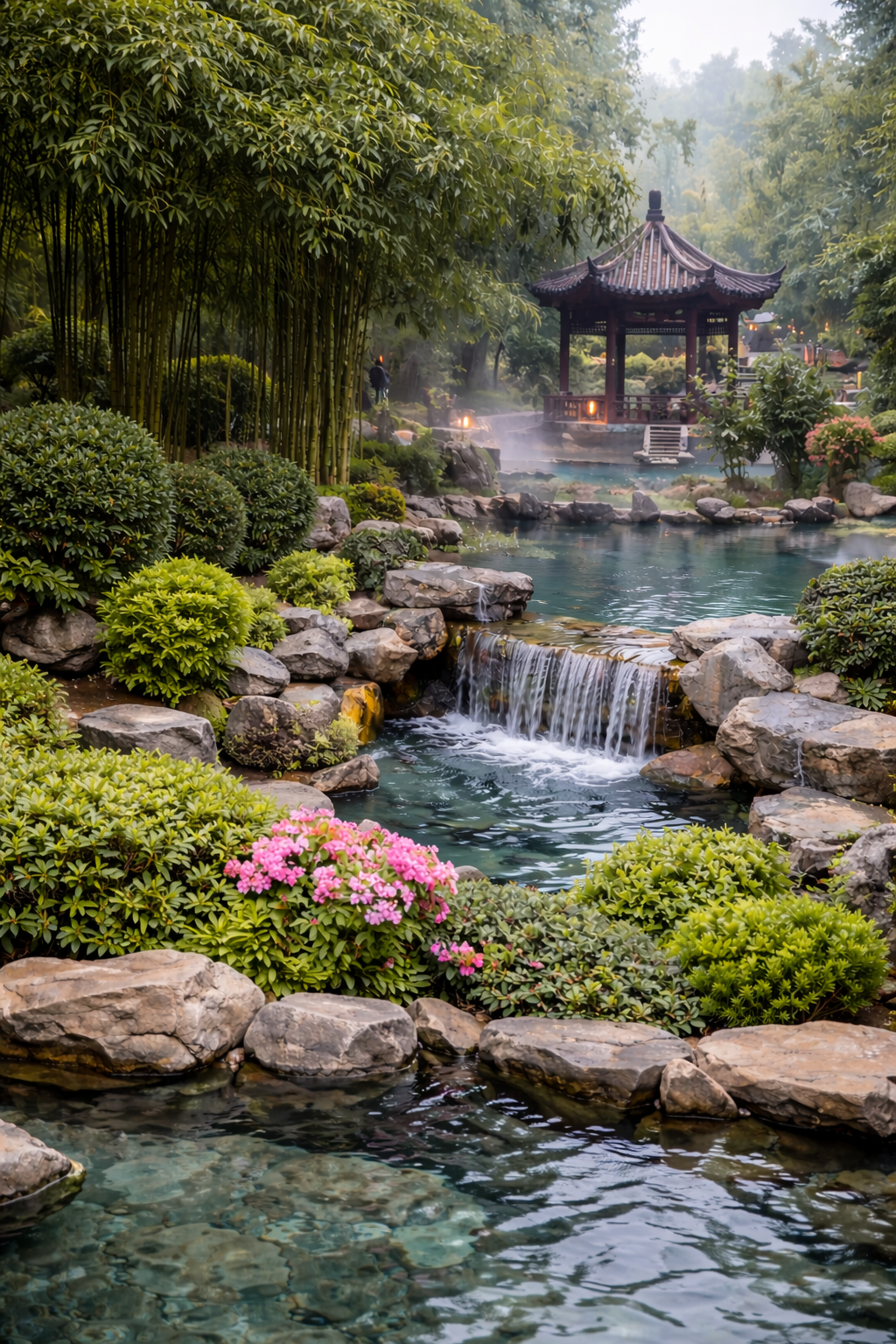 Sfeervolle tuin en omgeving rond het zwembad bij Ronghui Hot Springs