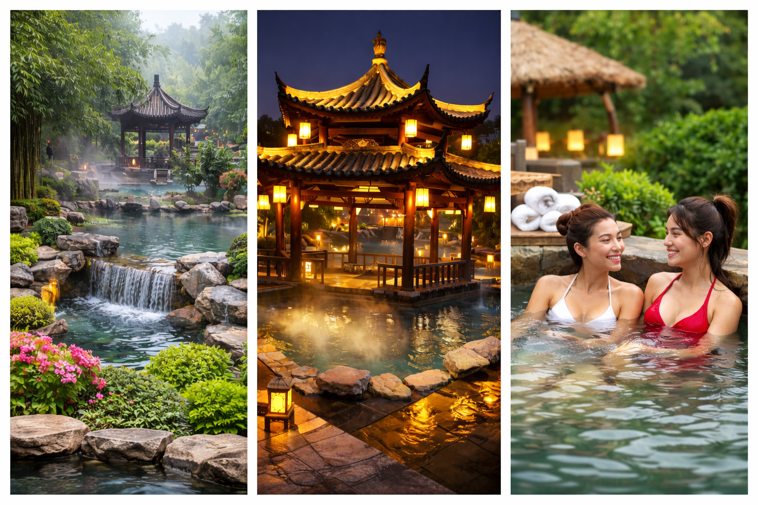 Ronghui Hot Springs in Chongqing met stoom die opstijgt uit het grote buitenbad