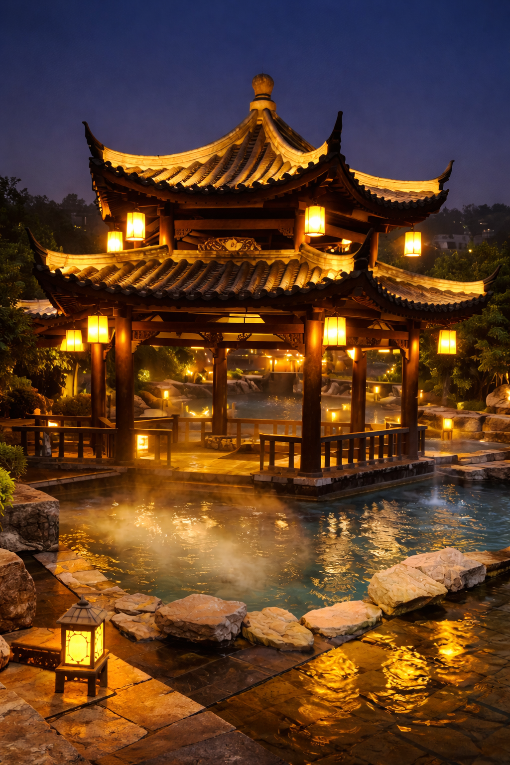 Overdekt warmwaterbronnengebied met stoom en natuursteen bij Ronghui Hot Springs