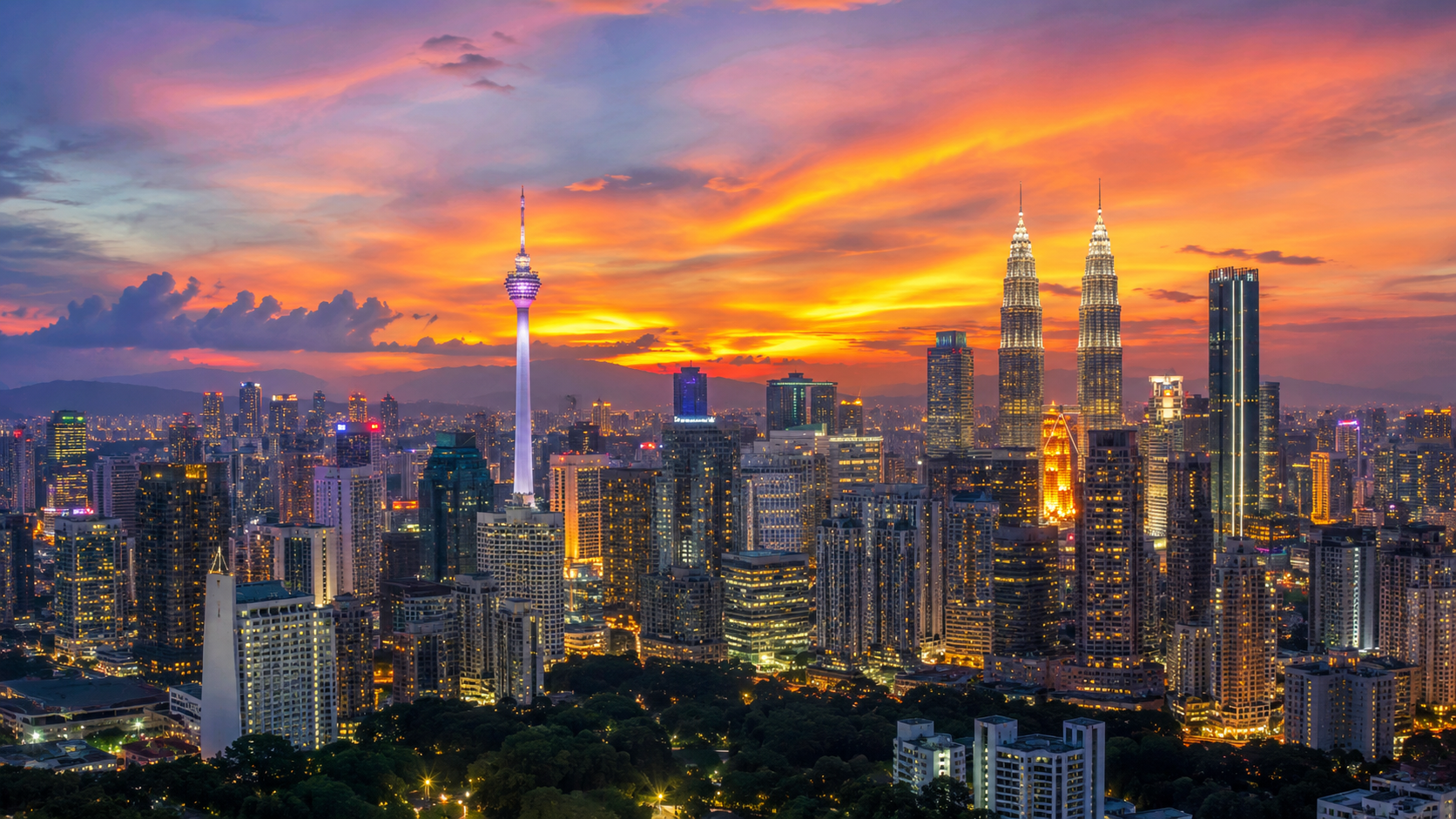 Skyline van Kuala Lumpur bij zonsondergang tijdens de Malaysia Tour