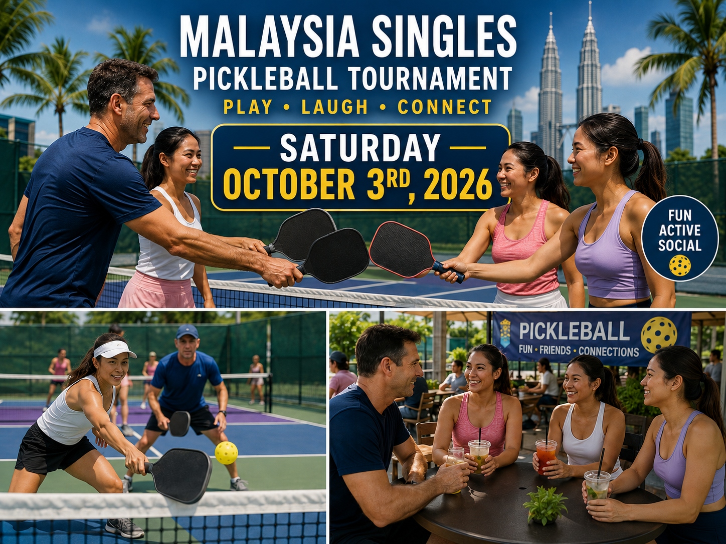 Sociaal pickleballevenement voor singles tijdens de Malaysia Singles Tour