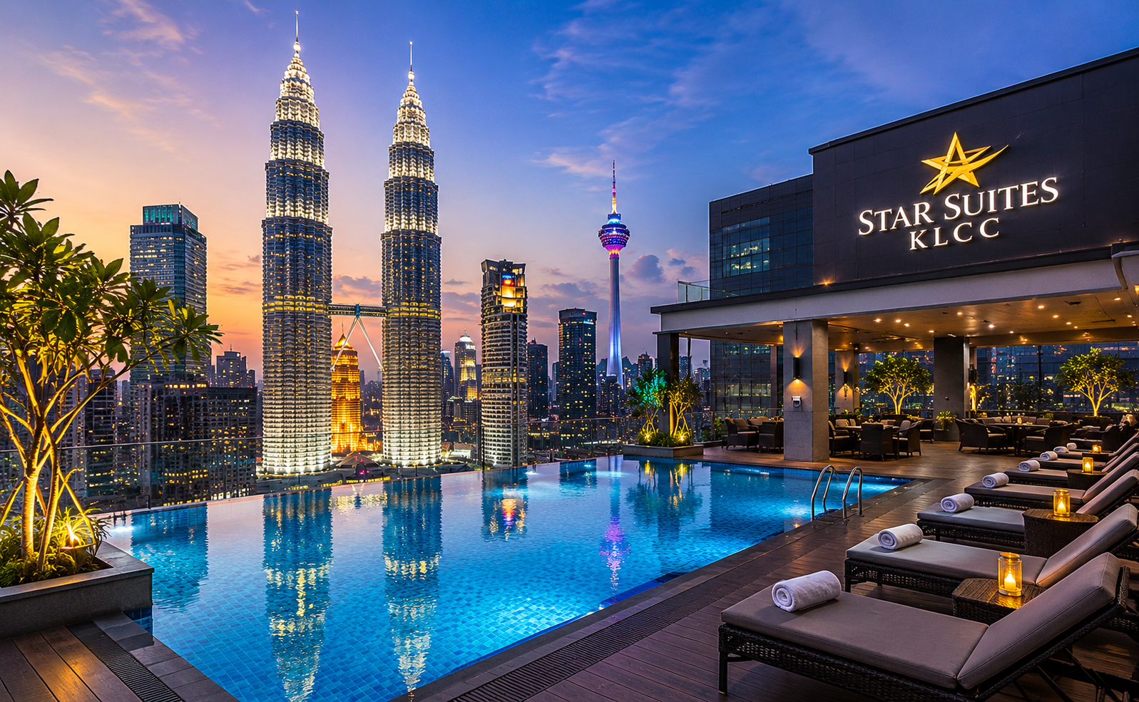 Sfeer bij het zwembad op het dak van Star Suites KLCC Kuala Lumpur