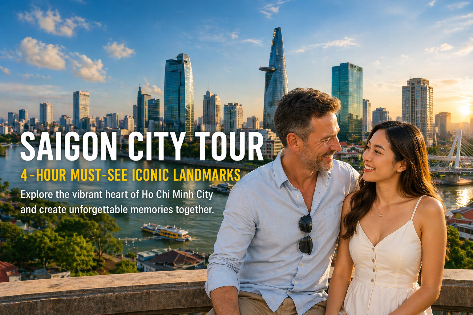 Stadstour door Saigon met de skyline van Ho Chi Minh City en een stel dat geniet van sightseeing in Vietnam